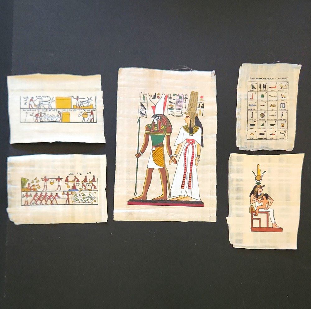 Lot of 5 Authentic Egyptian Papyrus Paintings - Isis, Hieroglyph Alphabet, Life
